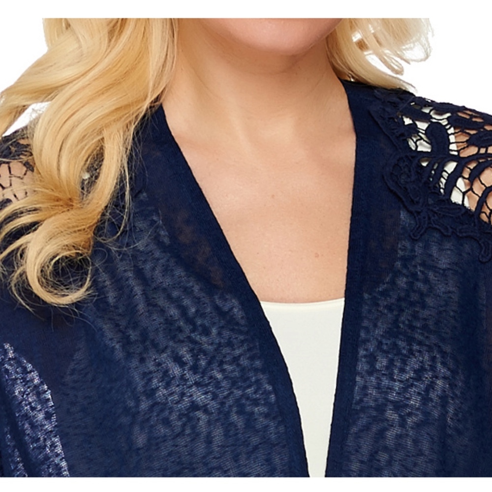 Tashon Navy Blue Lace Shoulder Kimono Open Front Cardigan Shrug Bolero Missy OS - Picture 3 of 7